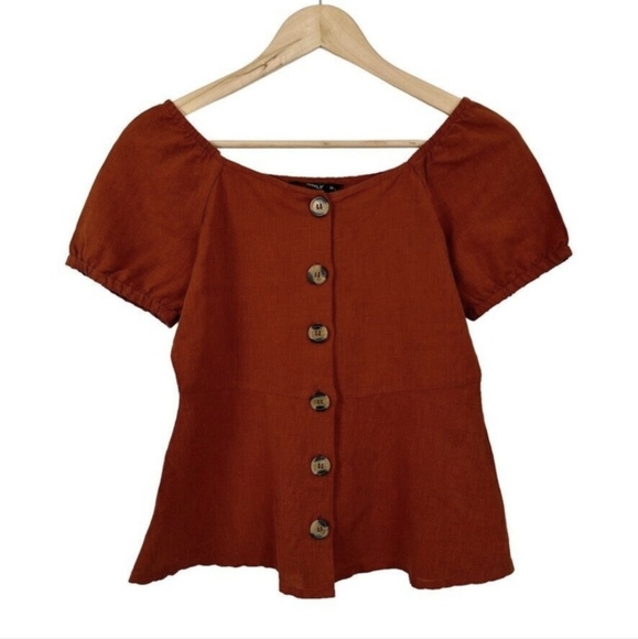 ONLY Rust Brown Linen Cotton Top EU 36 US 2 Womens Puff Sleeve Peplum Babydoll - Picture 3 of 7